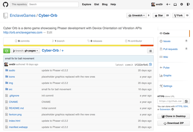Screenshot des GitHub-Repositorys mit dem Cyber Orb-Spielcode, zeigt die Ordner und die Dateien in der Hauptstruktur.