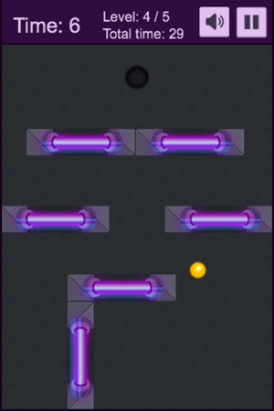 Ein Spielfeld in 2D mit einer kleinen gelben Kugel. Es gibt ein großes schwarzes Loch, durch das die Kugel entkommen kann, und eine Anzahl von Barrieren, die die Kugel am Entkommen hindern.