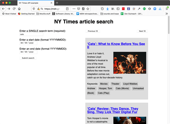 Ein Screenshot einer Beispiel-Suchanfrage und Suchergebnisse, wie sie von der New York Article Search API abgerufen wurden.