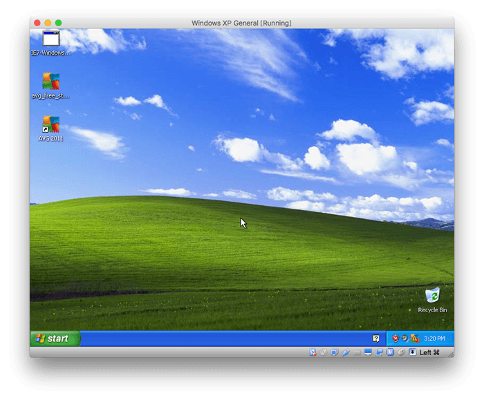 Screenshot von Windows XP, gehostet in Virtual Box und laufend auf macOS