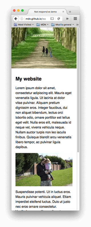 Unsere Beispielseite, wie sie auf einem schmalen Bildschirm angesehen wird; das erste Bild ist so geschrumpft, dass es schwer ist, die Details darauf zu erkennen.