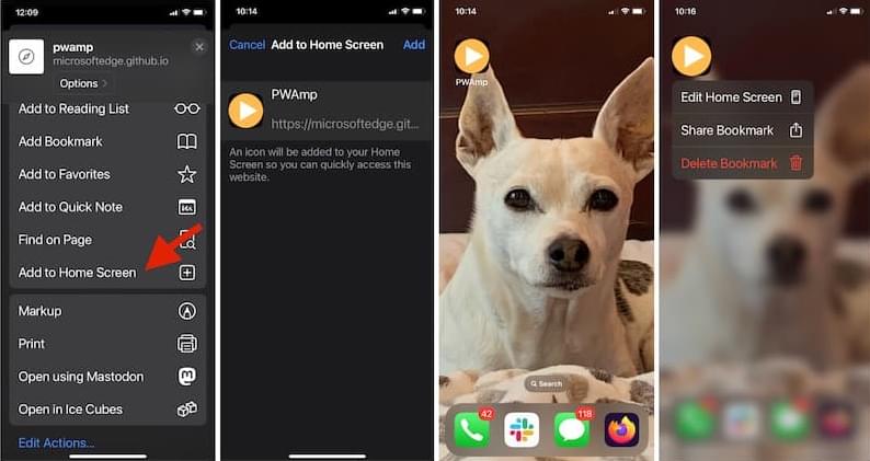 iPhone zum Startbildschirm hinzufügen, Installationsaufforderung, Symbol und Löschfunktion.