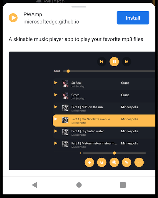 Installationsaufforderung für PWAmp auf Android