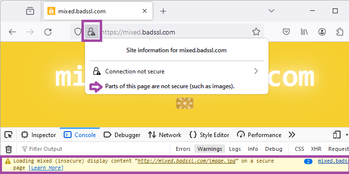 Bildschirmfoto der Webkonsole mit Anzeige-Warnung für ein Mixed Content-Bild.