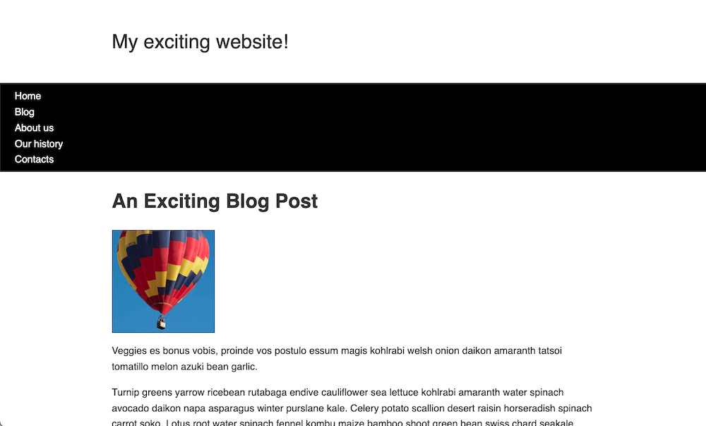 Starting point of the layout task. The elements are not laid out neatly. There is a website title, above a black nav bar with 5 links flush left, followed by the blog post title and post content. Between the blog title and blog content there is a photo that is flush left.
