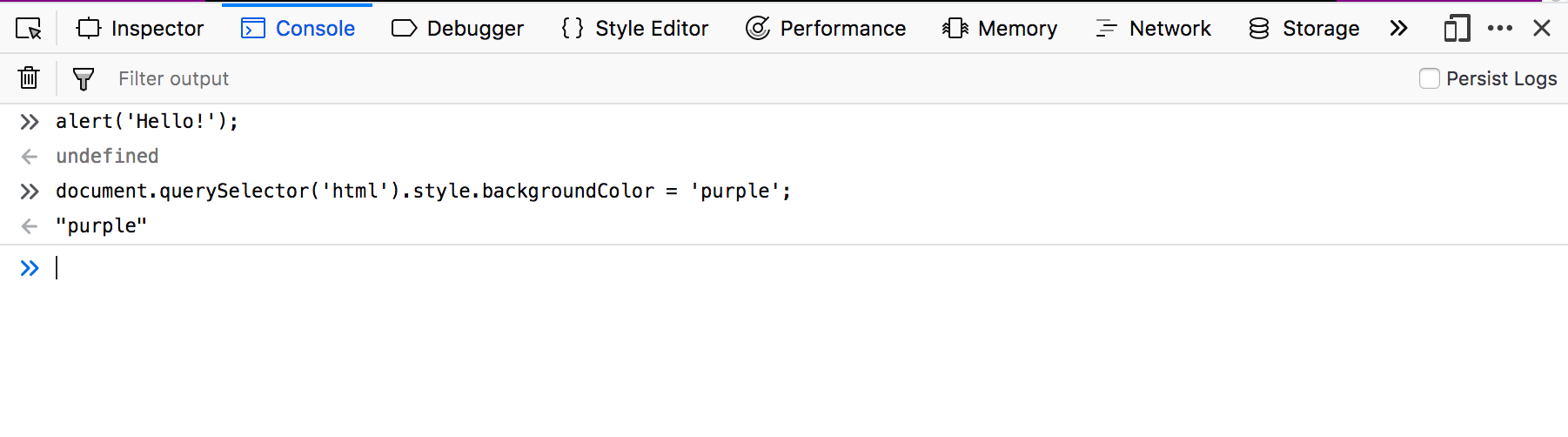L'onglet Console des outils de développement. On y voit deux fonctions JavaScript exécutées dans la console. L'utilisatrice ou l'utilisateur a saisi les fonctions et la console a affiché les valeurs de retour.