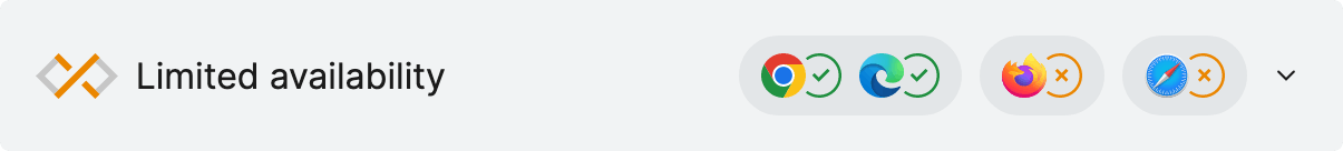 バツマークが付いた灰色のウィジェット:Limited availability. 4 つのブラウザーのロゴ、2 つにチェックマーク、2 つにバツマーク。