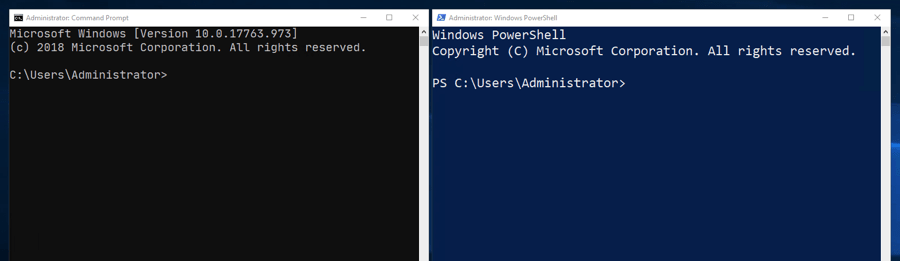 バニラ Windows のコマンドラインウィンドウ、および Windows PowerShell ウィンドウ