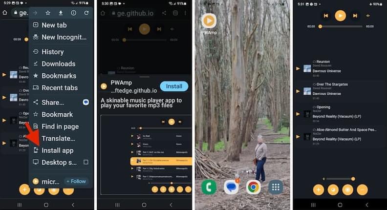 在 Android 上安装 PWA 的示例,包括确认、主屏幕图标和离线体验